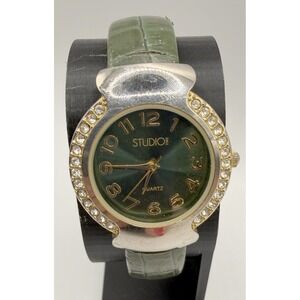 Studio I Green Cuff Watch Rhinestone Bezel Quartz 7.5"‎ New Battery Working
